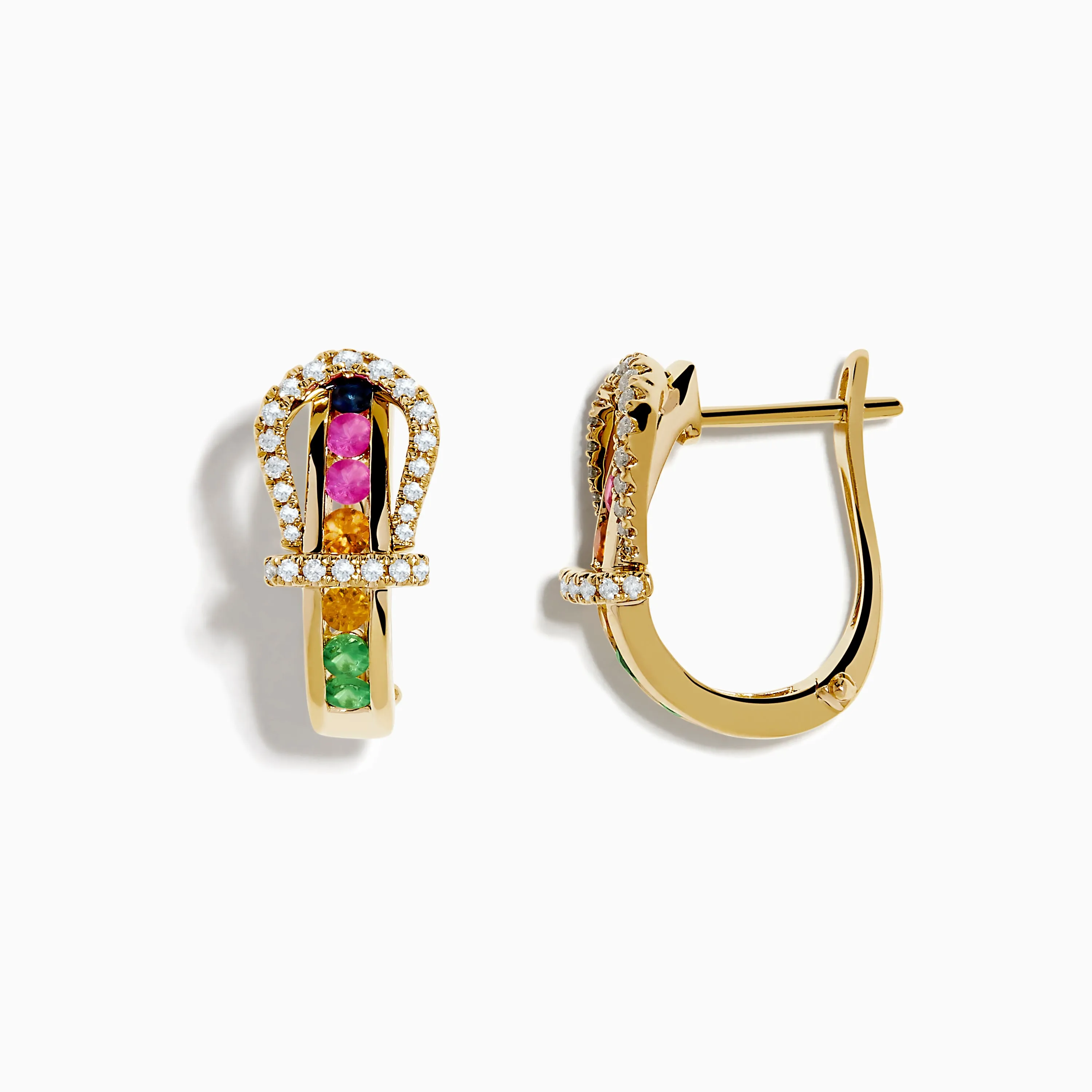 14K Yellow Gold Multi Color Sapphire and Diamond Horseshoe Hoop Earrings