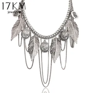 17KM New Design hot Fashion Charm Vintage choker necklace Round coin Rose Leaf Tassel Chain necklaces statement for women