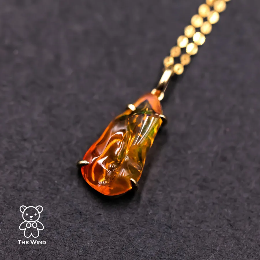 2.67 ct Mexican Fire Opal Pendant Necklace 18K Yellow Gold
