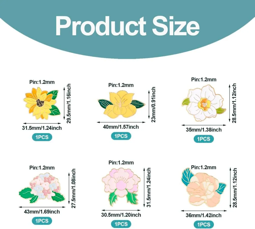 6Pcs Enamel Flower Pins Sets 6 Styles Alloy Aesthetic Pins Sunflower Camellia Cute Badge Pins for Women Girls Backpacks Bag Clothing Spring Decoration