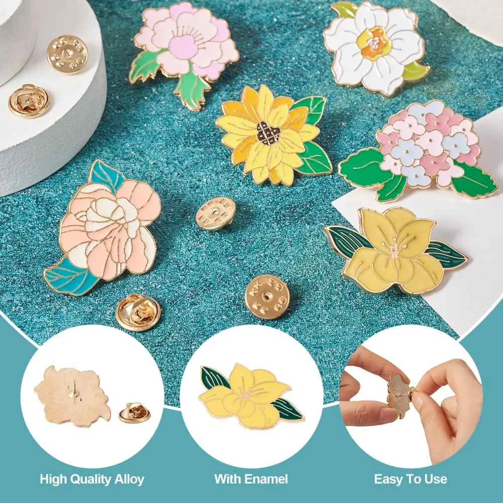 6Pcs Enamel Flower Pins Sets 6 Styles Alloy Aesthetic Pins Sunflower Camellia Cute Badge Pins for Women Girls Backpacks Bag Clothing Spring Decoration