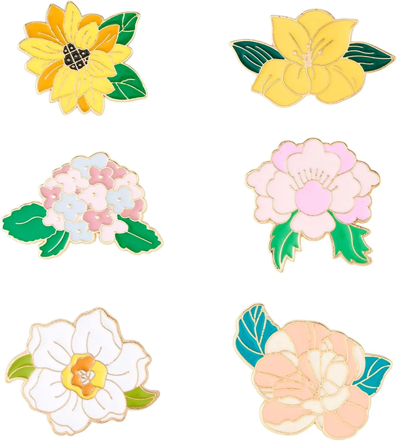 6Pcs Enamel Flower Pins Sets 6 Styles Alloy Aesthetic Pins Sunflower Camellia Cute Badge Pins for Women Girls Backpacks Bag Clothing Spring Decoration