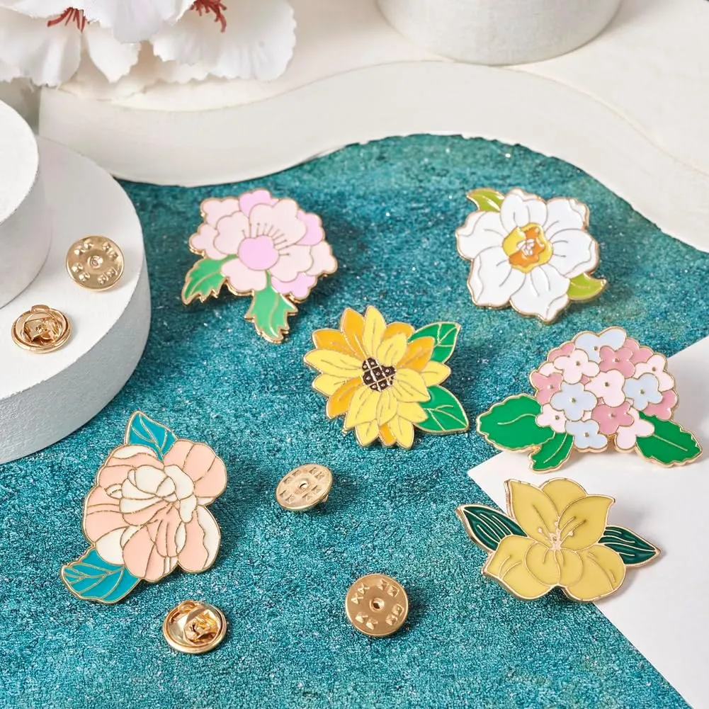 6Pcs Enamel Flower Pins Sets 6 Styles Alloy Aesthetic Pins Sunflower Camellia Cute Badge Pins for Women Girls Backpacks Bag Clothing Spring Decoration