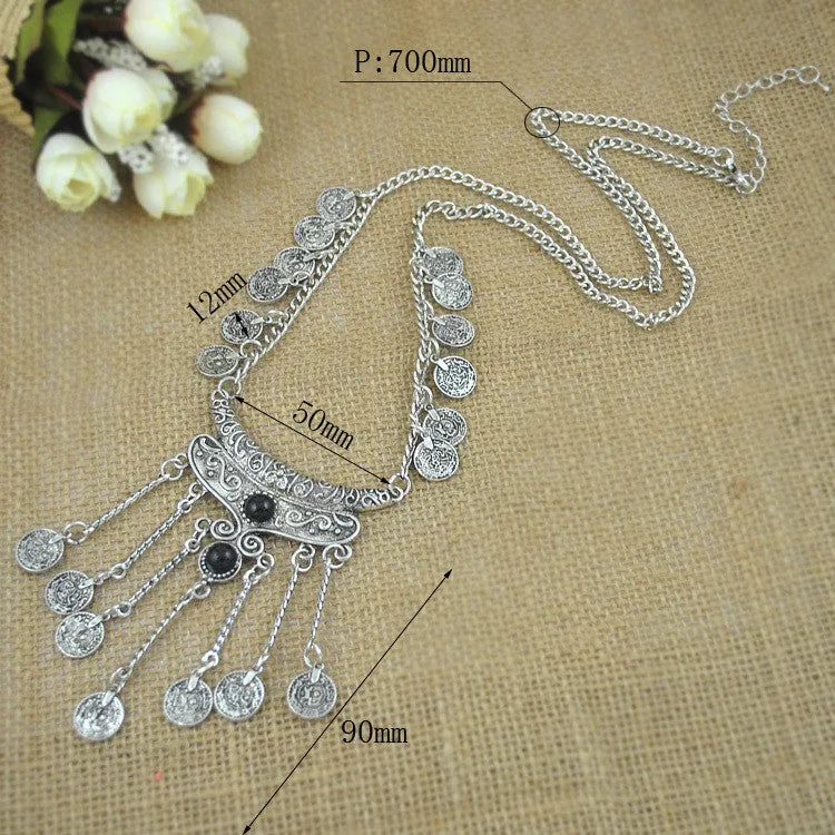 Bohemian Jewelry Vintage Coin Long Pendant Necklace Antique Silver Chain Gypsy Tribal EthnicTurkish Statement women Boho Jewelry