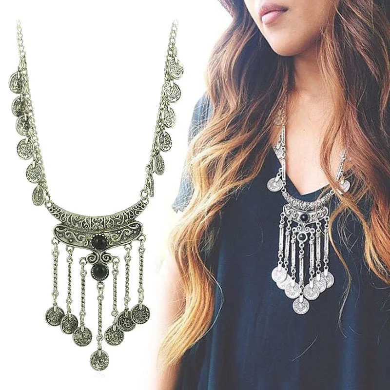 Bohemian Jewelry Vintage Coin Long Pendant Necklace Antique Silver Chain Gypsy Tribal EthnicTurkish Statement women Boho Jewelry