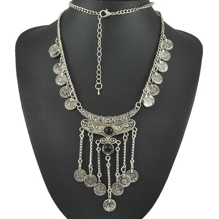 Bohemian Jewelry Vintage Coin Long Pendant Necklace Antique Silver Chain Gypsy Tribal EthnicTurkish Statement women Boho Jewelry