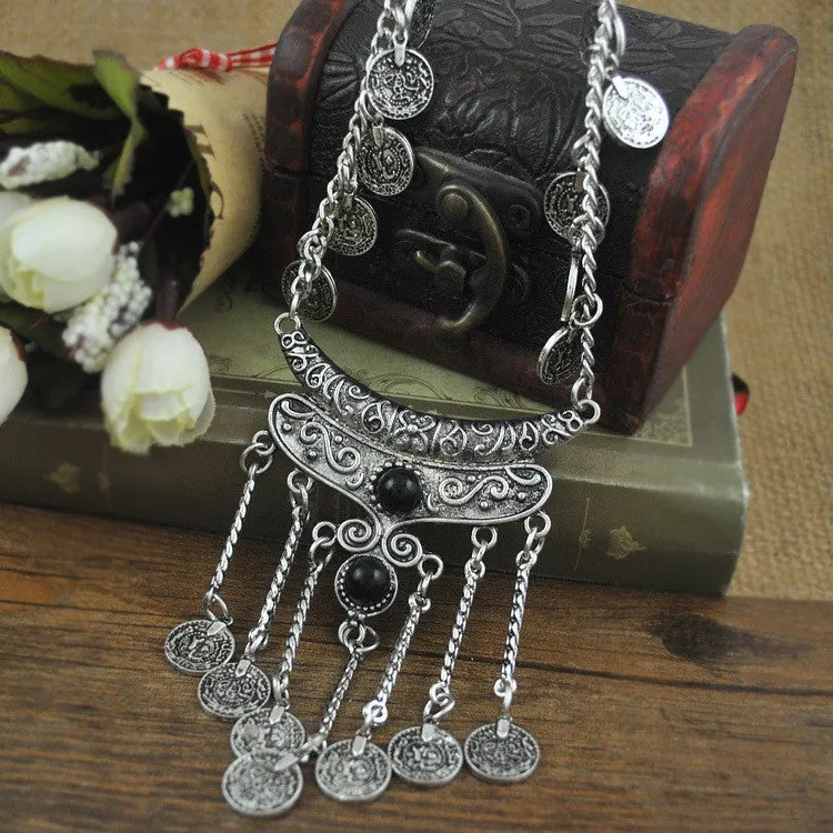 Bohemian Jewelry Vintage Coin Long Pendant Necklace Antique Silver Chain Gypsy Tribal EthnicTurkish Statement women Boho Jewelry