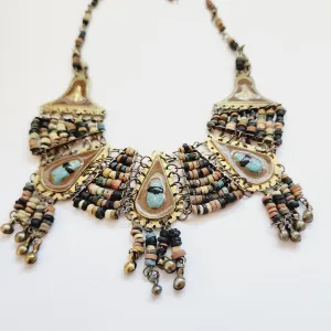 Brown Enamel w. Natural Shades of Faience Clay Beads - Vintage Egyptian Revival Choker Bib Collar Necklace