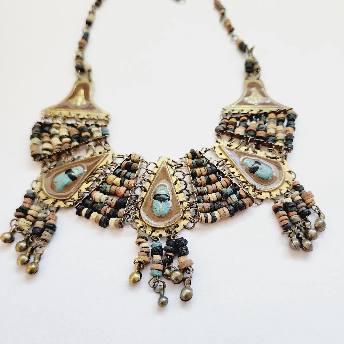 Brown Enamel w. Natural Shades of Faience Clay Beads - Vintage Egyptian Revival Choker Bib Collar Necklace