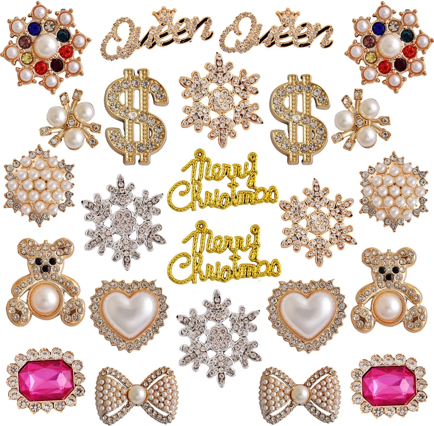 Christmas Charms for Socks - 24pcs Rhinestone Brooches & Pins for Women - Bulk Bling Gold Junk Sock Charms & Shoe Pins for Sambas & Sneakers - Women's Hat, Clothing Crafts & Jewelry Kit