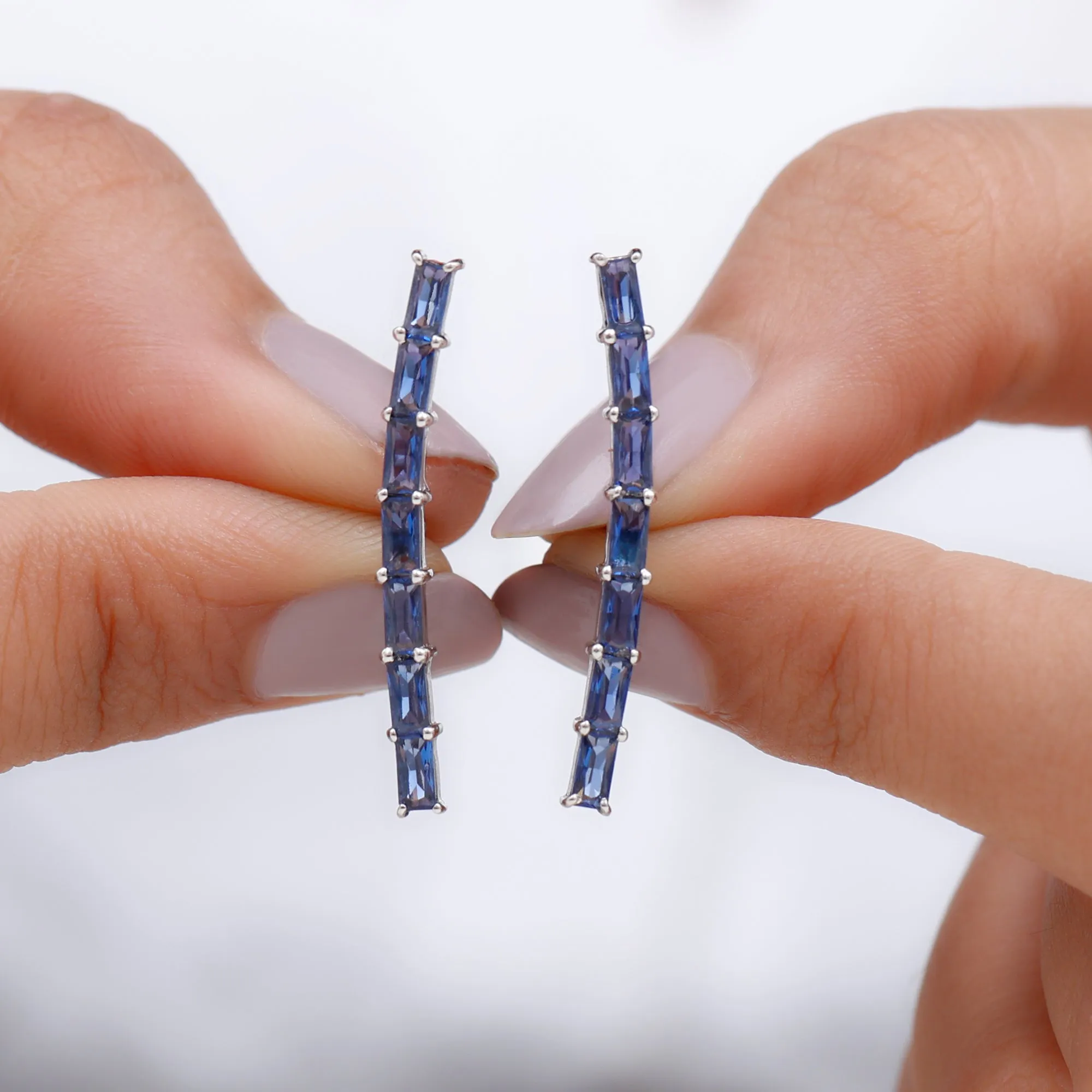 Created Blue Sapphire Climber Earrings