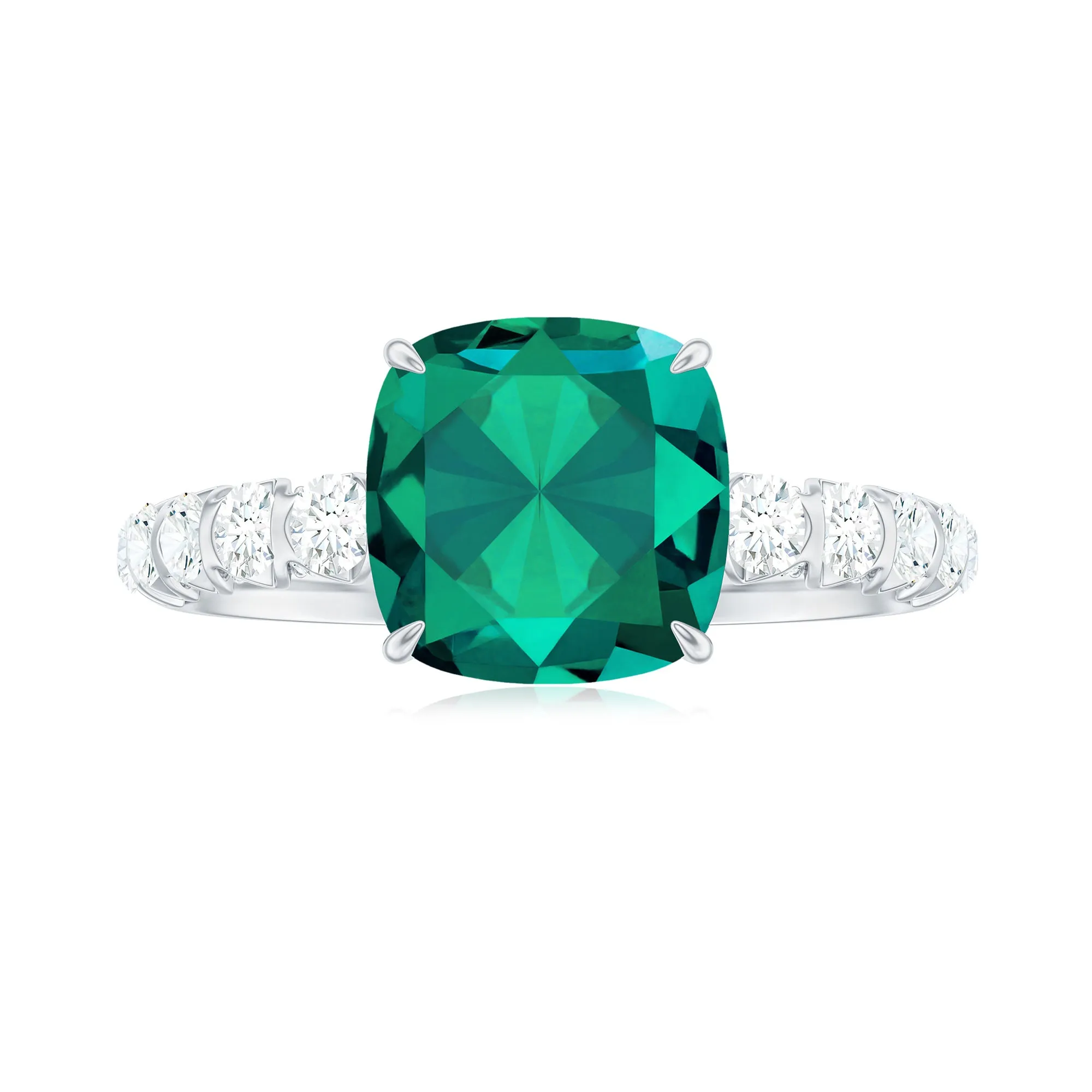 Cushion Cut Created Emerald Engagement Ring with Diamond Side Stones