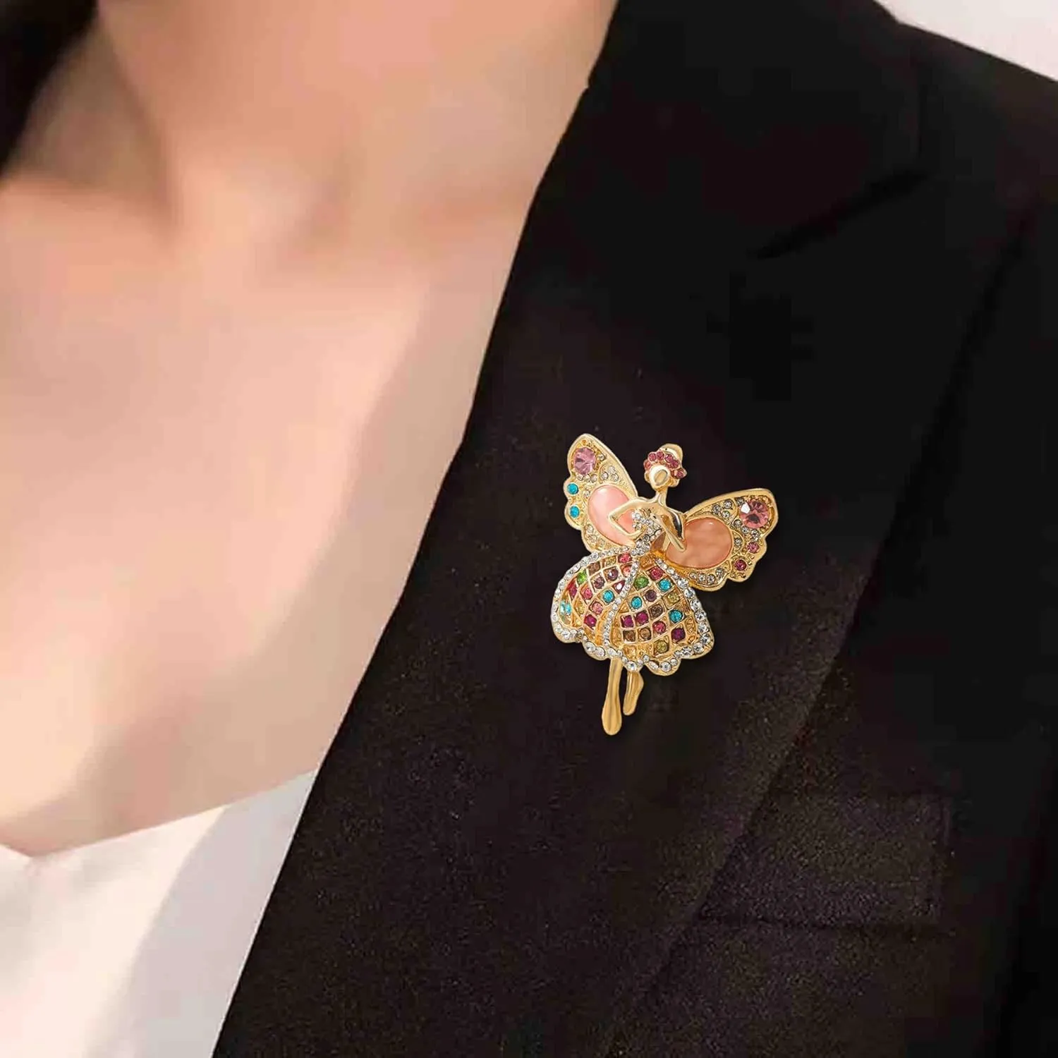 Cute Cartoon Crystal Rhinestone Ballet Girl Brooches Elegant Color Cat's Eye Stone Statement Brooch Pins Fashion Jewelry Accessories for Women Girl Gift