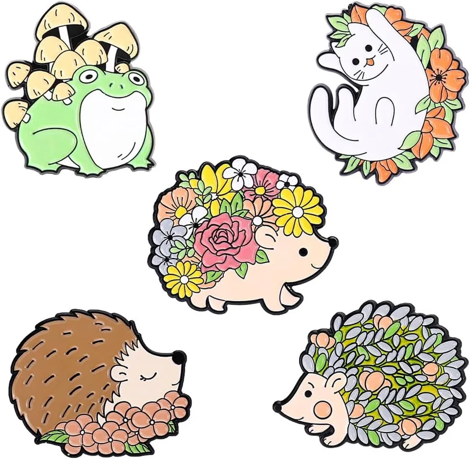Cute Frog Hedgehogs Cat Enamel Pin Set 5PCs Lapel Pins Brooches Cartoon Animal Plant Flower Floral Brooch Badge Collar Lapel Pins for Clothes Bags Jacket Backpack Decor Jewelry Gift for Women Girls
