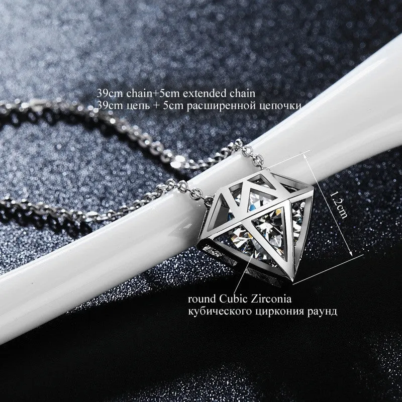 Cute Hollow Diamond-shaped Round Cut Clear CZ Diamond Necklace White Gold Plated Gros Collier Femme Jewellery