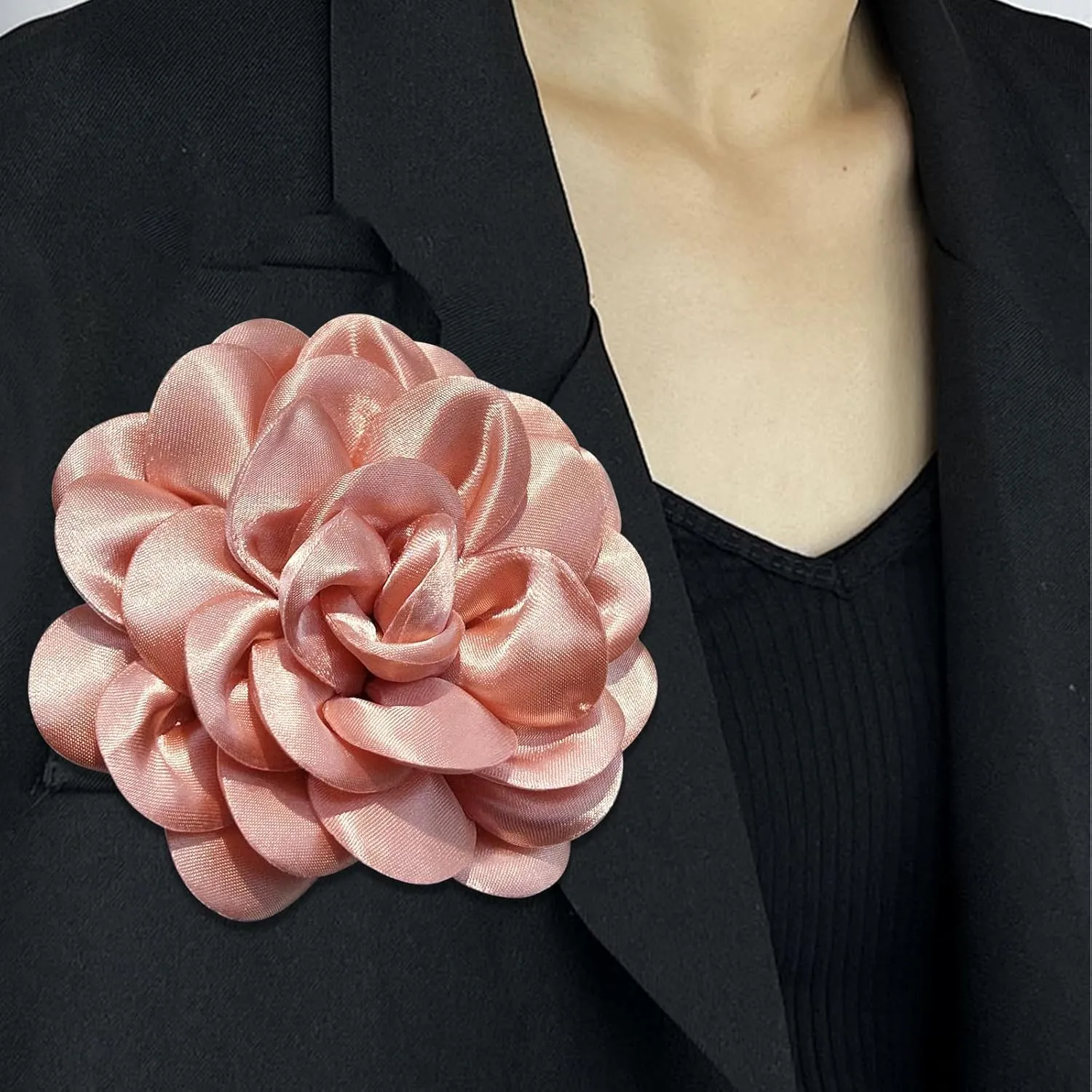 Elegant Large Rose Flower Brooches Lapel Pins Handmade Dainty Satin Fabric Brooches Big Camellia Flower Brooch Pin for Women Wedding Part Dance Dress Suit Clothes Accessories Jewelry