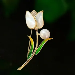 Enamel Tulip Flower Brooch Pin,Flower Floral Brooch Lapel Pin, White Flower Brooches and Pins Jewelry Gift for Women.