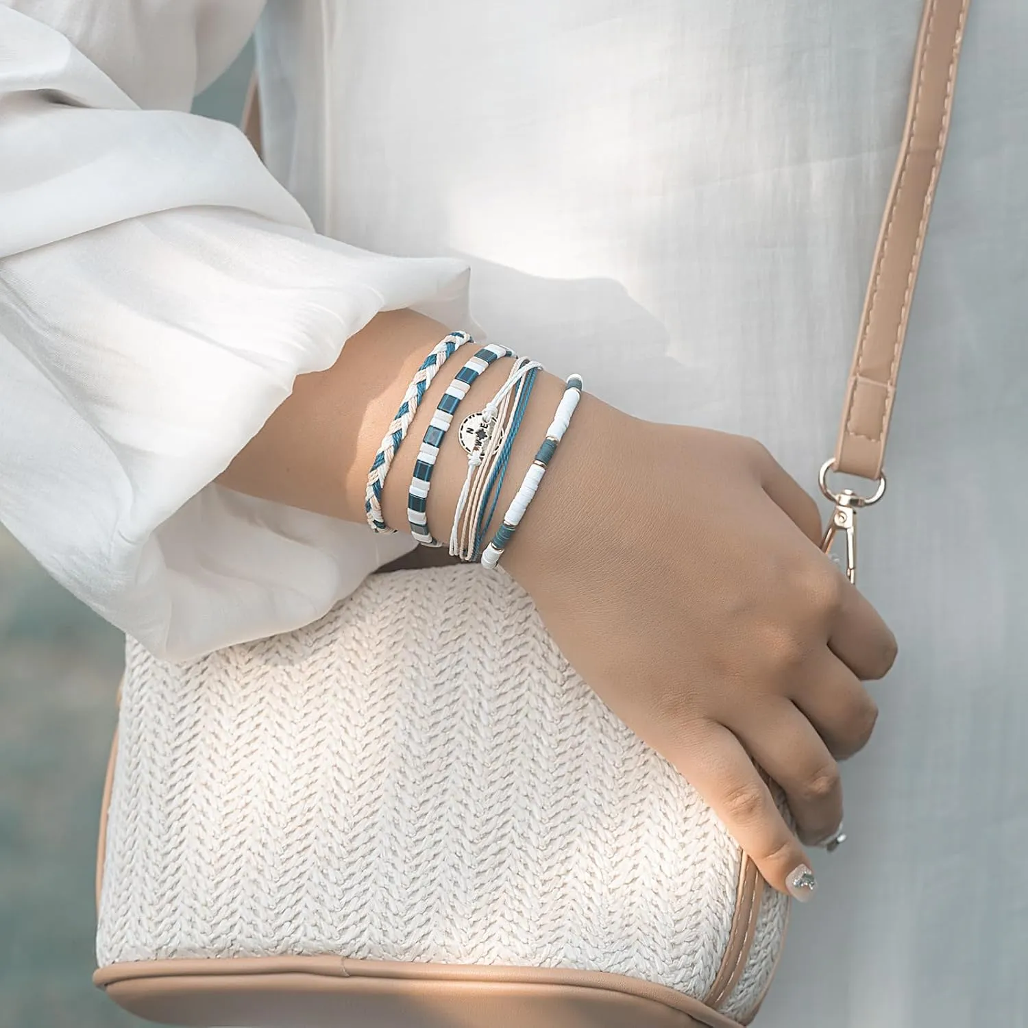 FANCY SHINY Beaded String Bracelets Compass Charm Clay Beads Boho Bracelet Stack Friendship Bracelets for Women