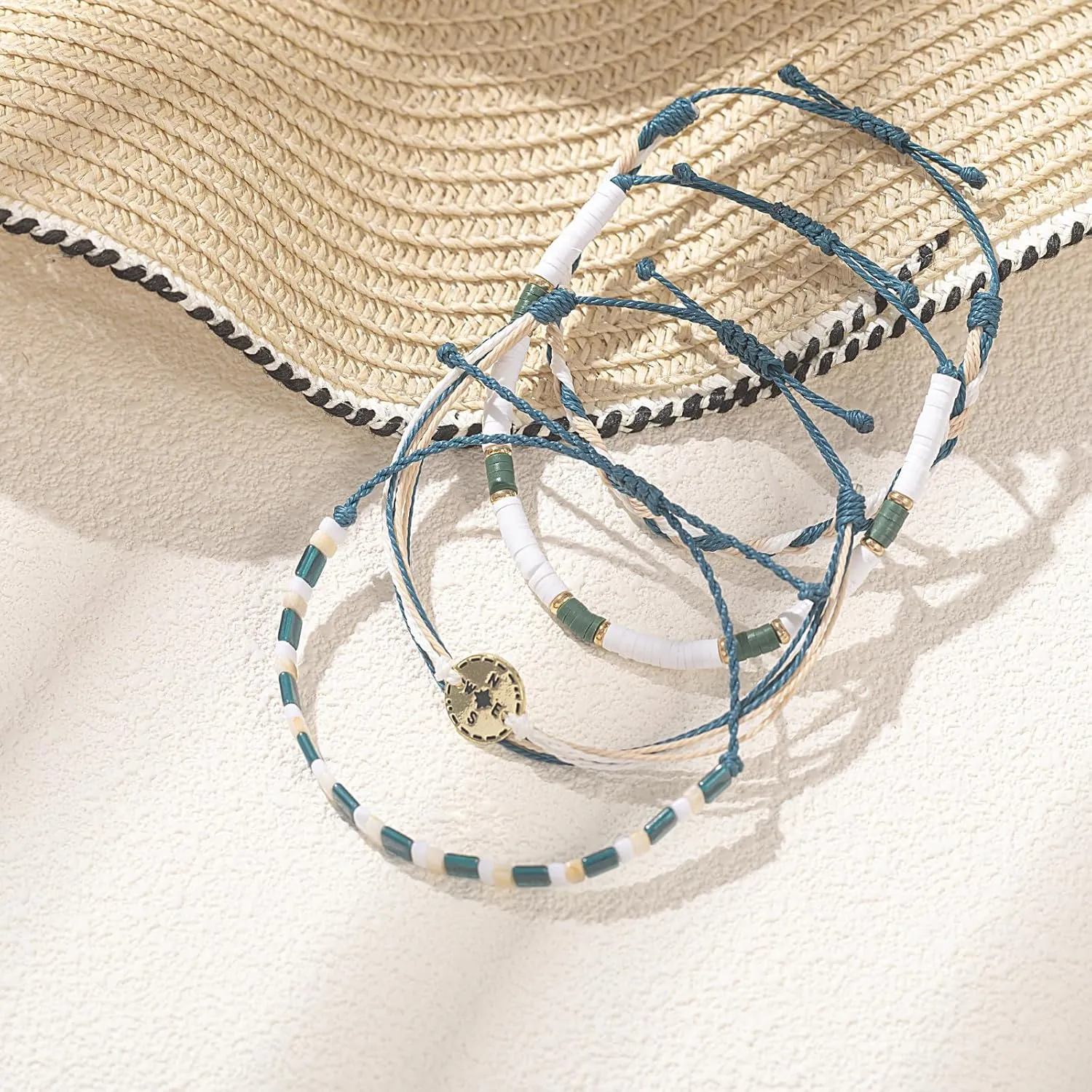 FANCY SHINY Beaded String Bracelets Compass Charm Clay Beads Boho Bracelet Stack Friendship Bracelets for Women