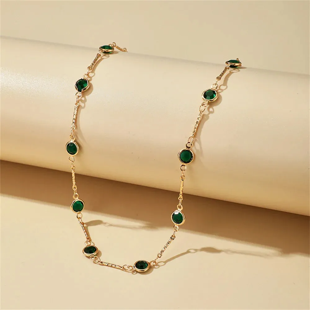 Fashion Simple Gold-plate Geometric Round Green Crystal Choker Necklace For Women Vintage Y2K Collar Jewelry Gift