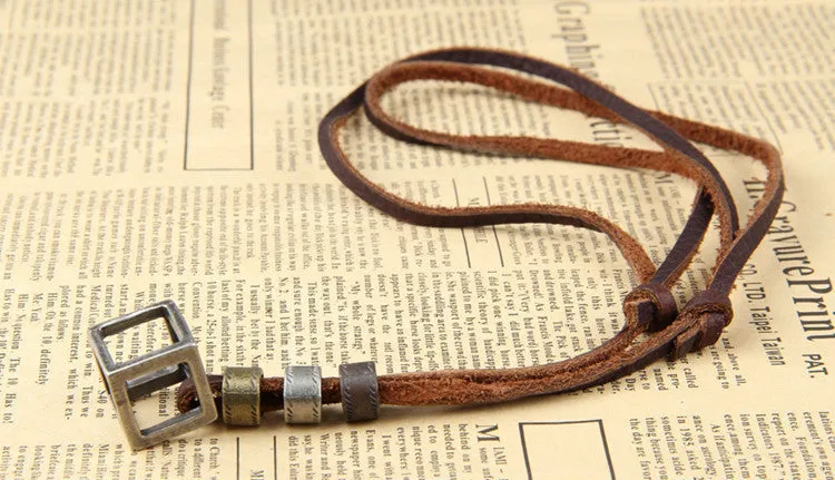Genuine Leather Men Necklaces Pendants With Box Punk Vintage Adjustable Brown Rope Chain Male Jewelry Mens Jewellery