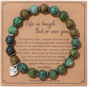 Good Luck African Bracelet Women Charm Stranded Wrap Green Heart Love Beaded Spiritual Stone Relief Energy Support Birthday Anniversary