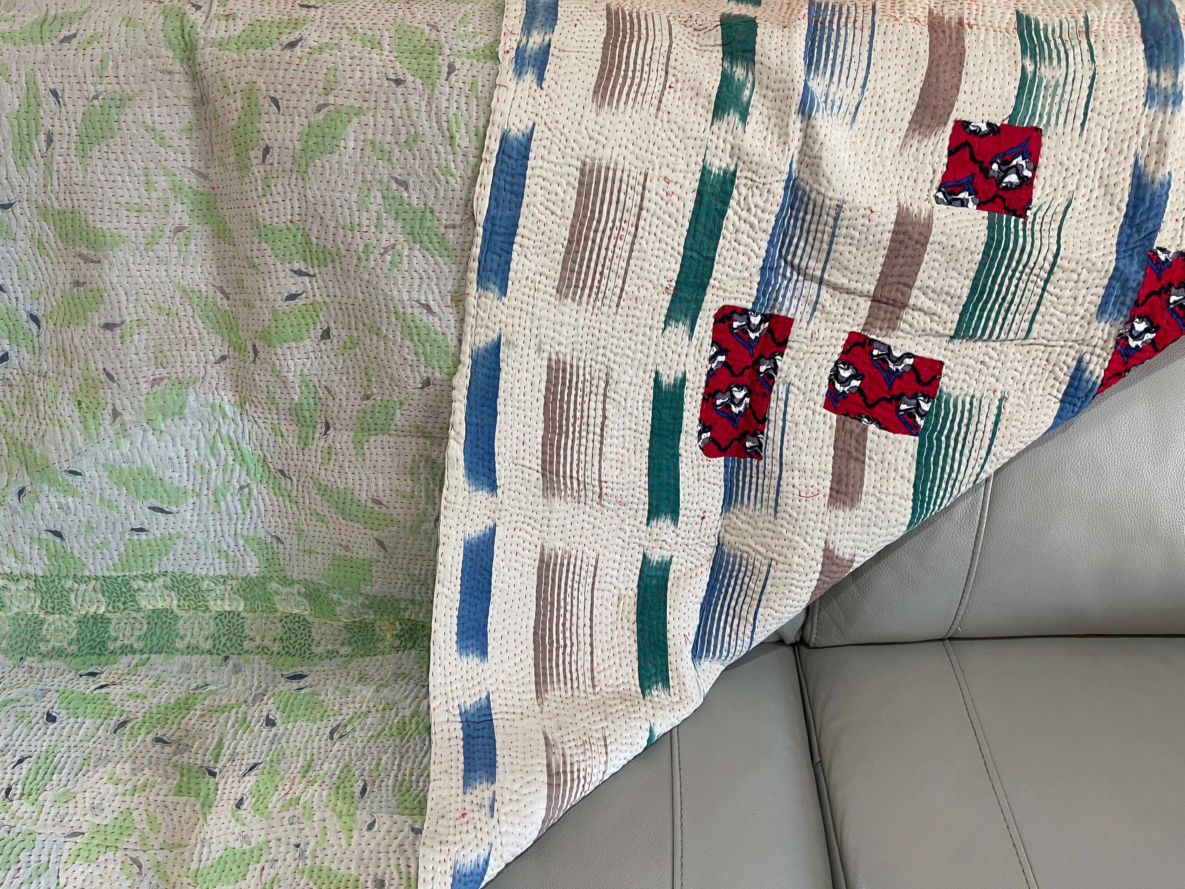 Handmade Indian Vintage Cotton Reversible Kantha Bedspread Throw- Shahi
