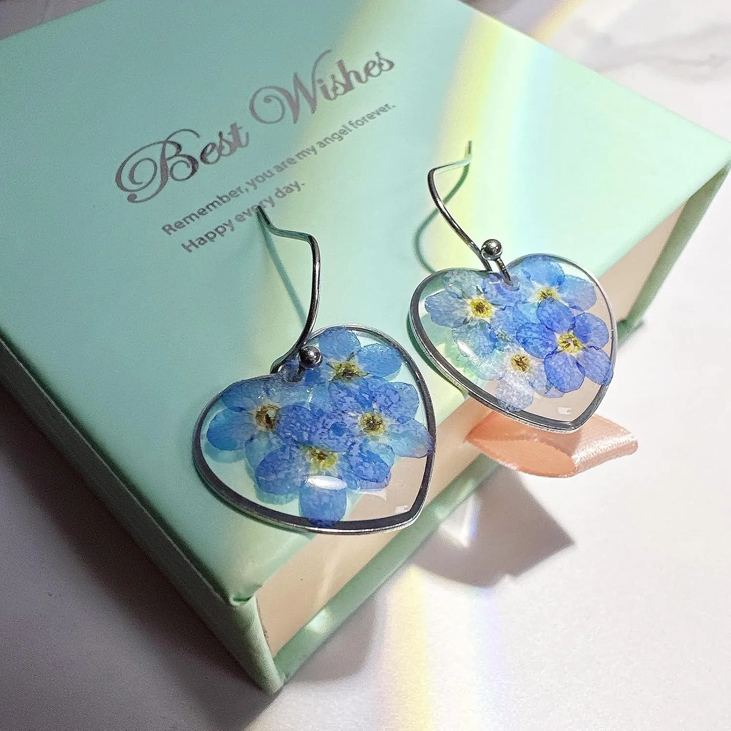 Heart Earrings - KBFORU Handmade Forget-Me-Not Pressed Flower Earrings,Statement Pendants Earrings For Women - Gift For Woman,Girls(silver)