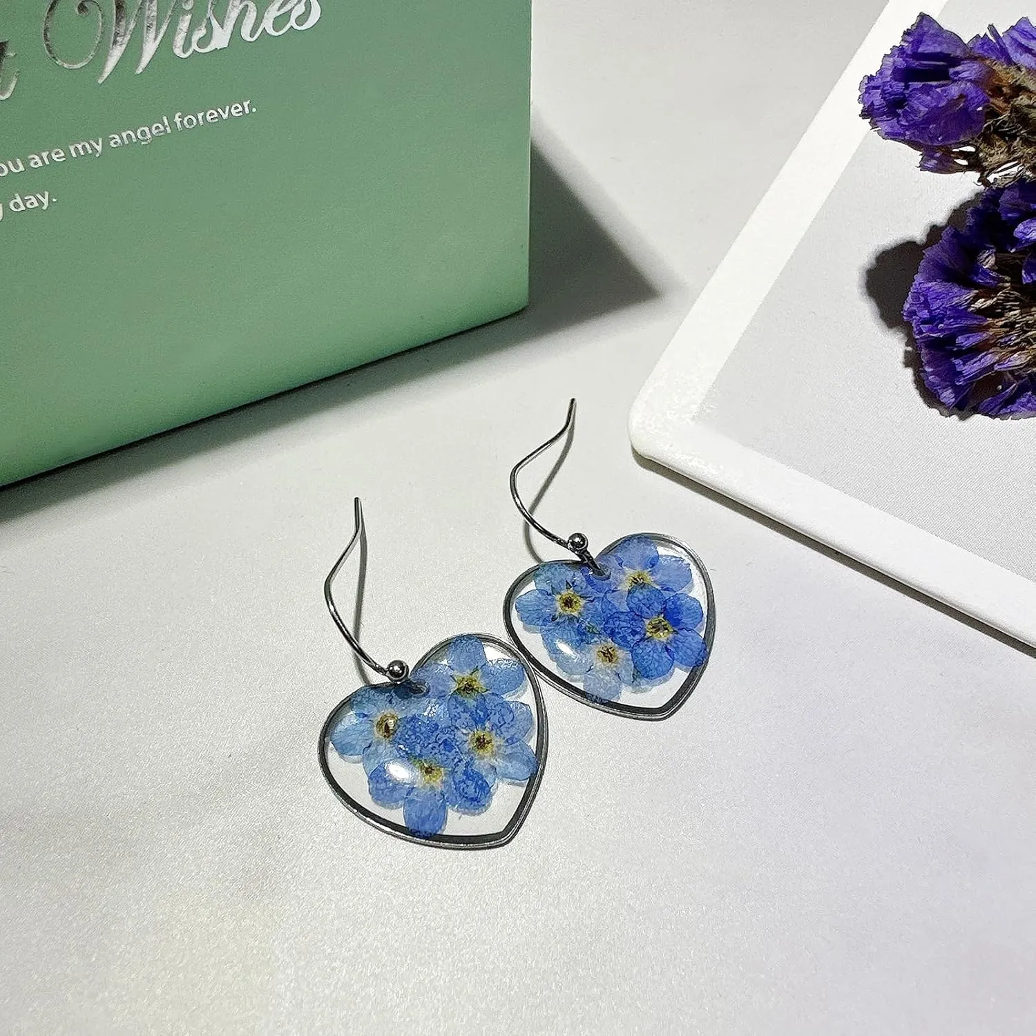 Heart Earrings - KBFORU Handmade Forget-Me-Not Pressed Flower Earrings,Statement Pendants Earrings For Women - Gift For Woman,Girls(silver)