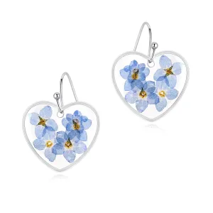 Heart Earrings - KBFORU Handmade Forget-Me-Not Pressed Flower Earrings,Statement Pendants Earrings For Women - Gift For Woman,Girls(silver)