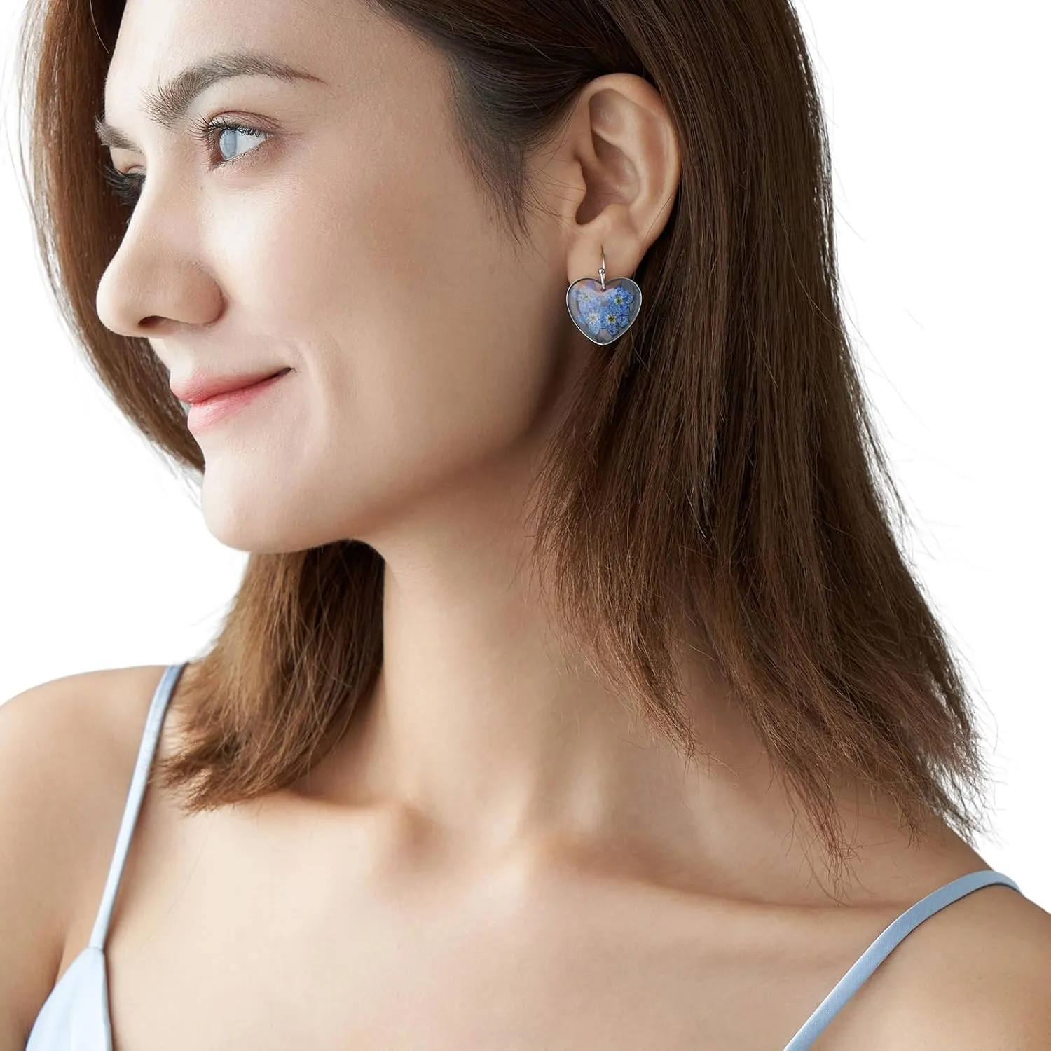 Heart Earrings - KBFORU Handmade Forget-Me-Not Pressed Flower Earrings,Statement Pendants Earrings For Women - Gift For Woman,Girls(silver)