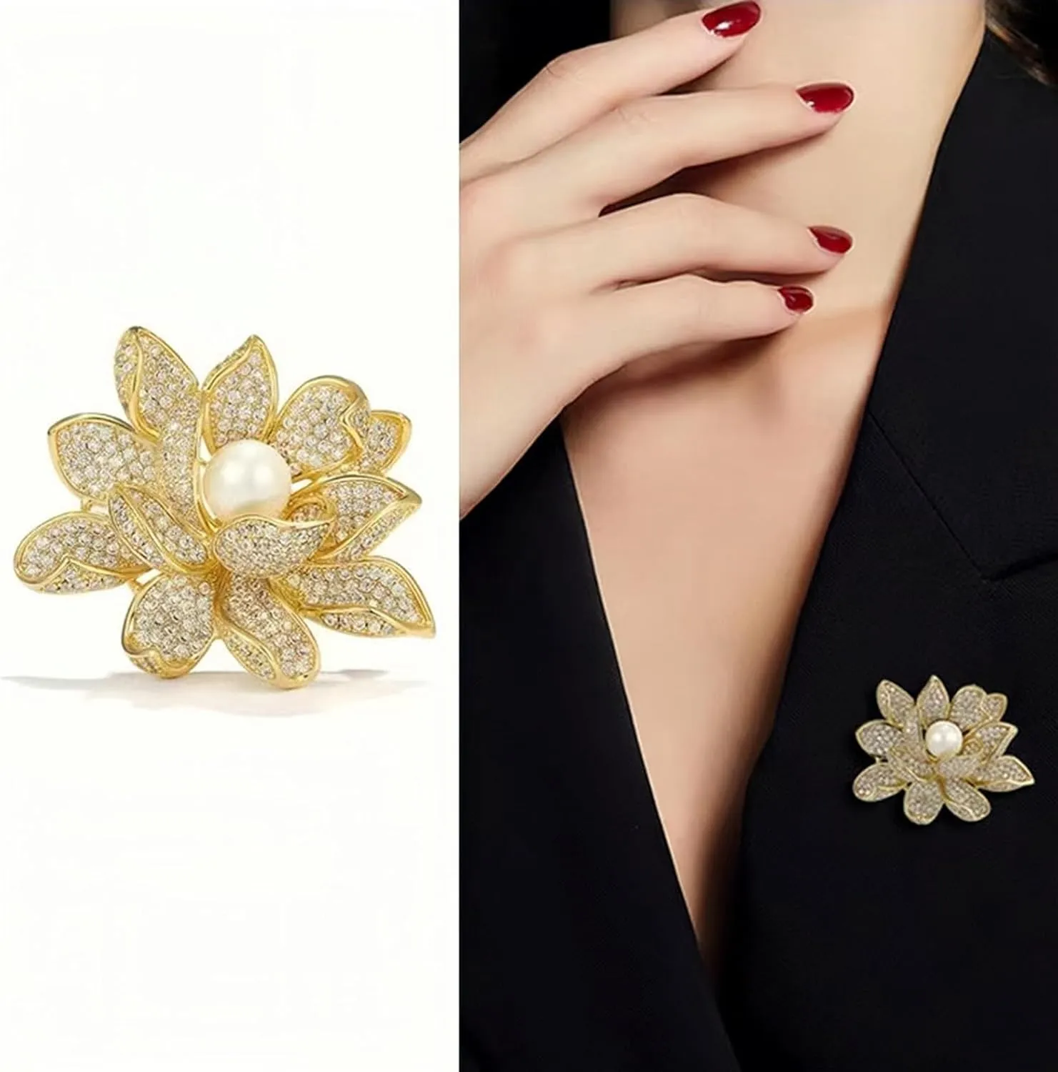 la luen Flower Brooches for Women,Gold Plated Rhinestone Cubic Zirconia Pearl Floral Lapel Pins Corsage Brooches Scarf Clip Pins for Dress Accessories Decoration