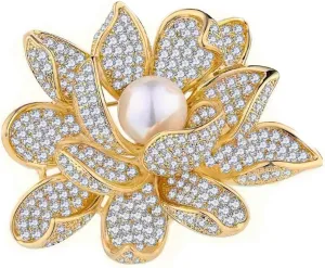 la luen Flower Brooches for Women,Gold Plated Rhinestone Cubic Zirconia Pearl Floral Lapel Pins Corsage Brooches Scarf Clip Pins for Dress Accessories Decoration