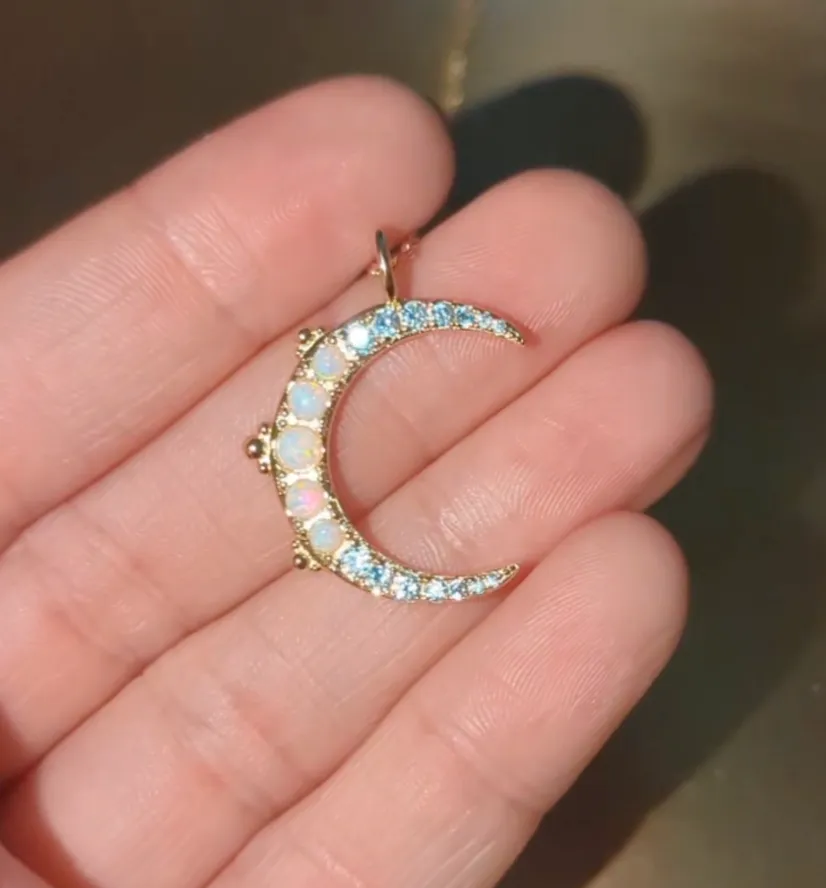 Large Opal Crescent Moon Necklace