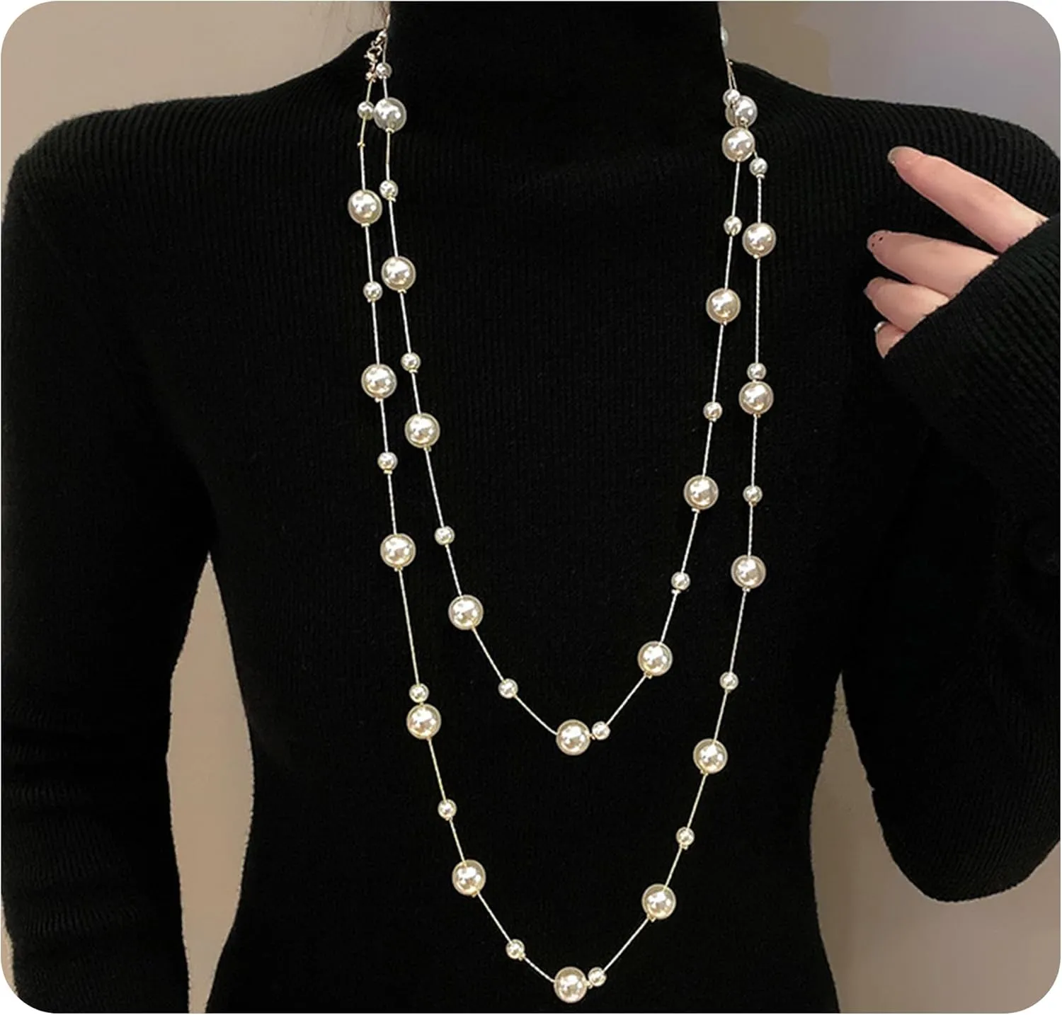 Long Pearl Necklaces for Women, 14K Gold Plated Long Layered Necklaces, Sweater Strand Chain Necklaces Fashion Jewelry, Christmas Birthdays Mother's Day Gifts