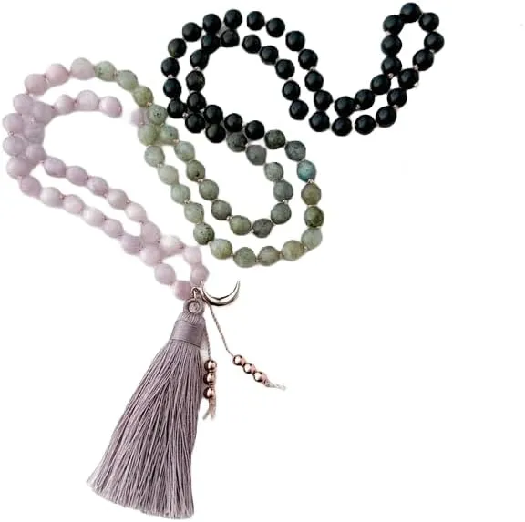 Natural Kunzite Labradorite Obsidian and Tourmaline 8mm 108 Mala Beads, Spiritual, Meditation Beads, Reiki, Japa Mala, Buddhist Prayer Beads, Yoga Bracelet, healing beads LKMALA-RRGU-2191