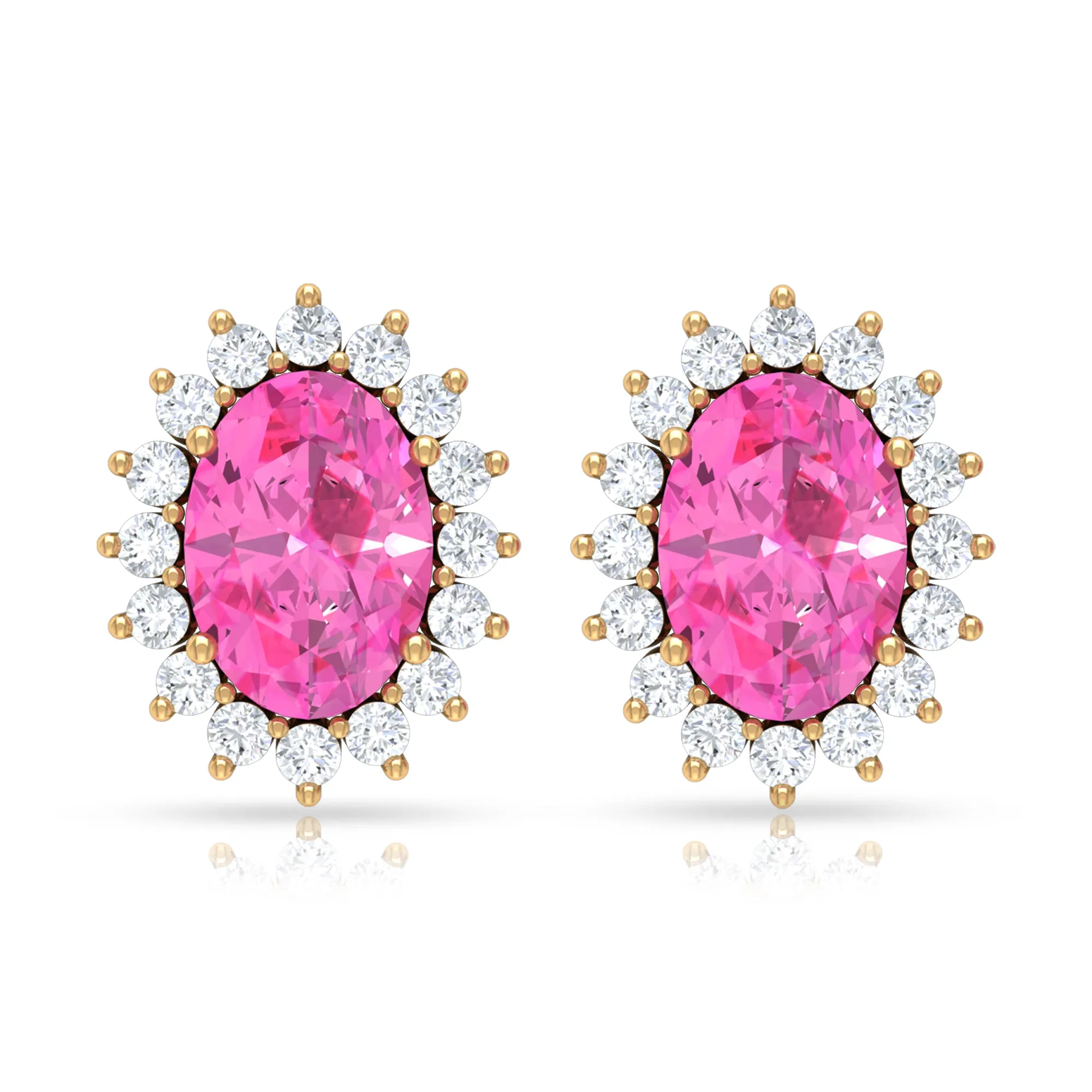 Oval Cut Pink Sapphire and Diamond Halo Stud Earrings