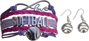 Sportybella Softball Charm Bracelet & Earring Set, Adjustable Pink and Purple Braided Bracelet with Softball Jewelry Gifts for Girls, Players, Teams & Coaches