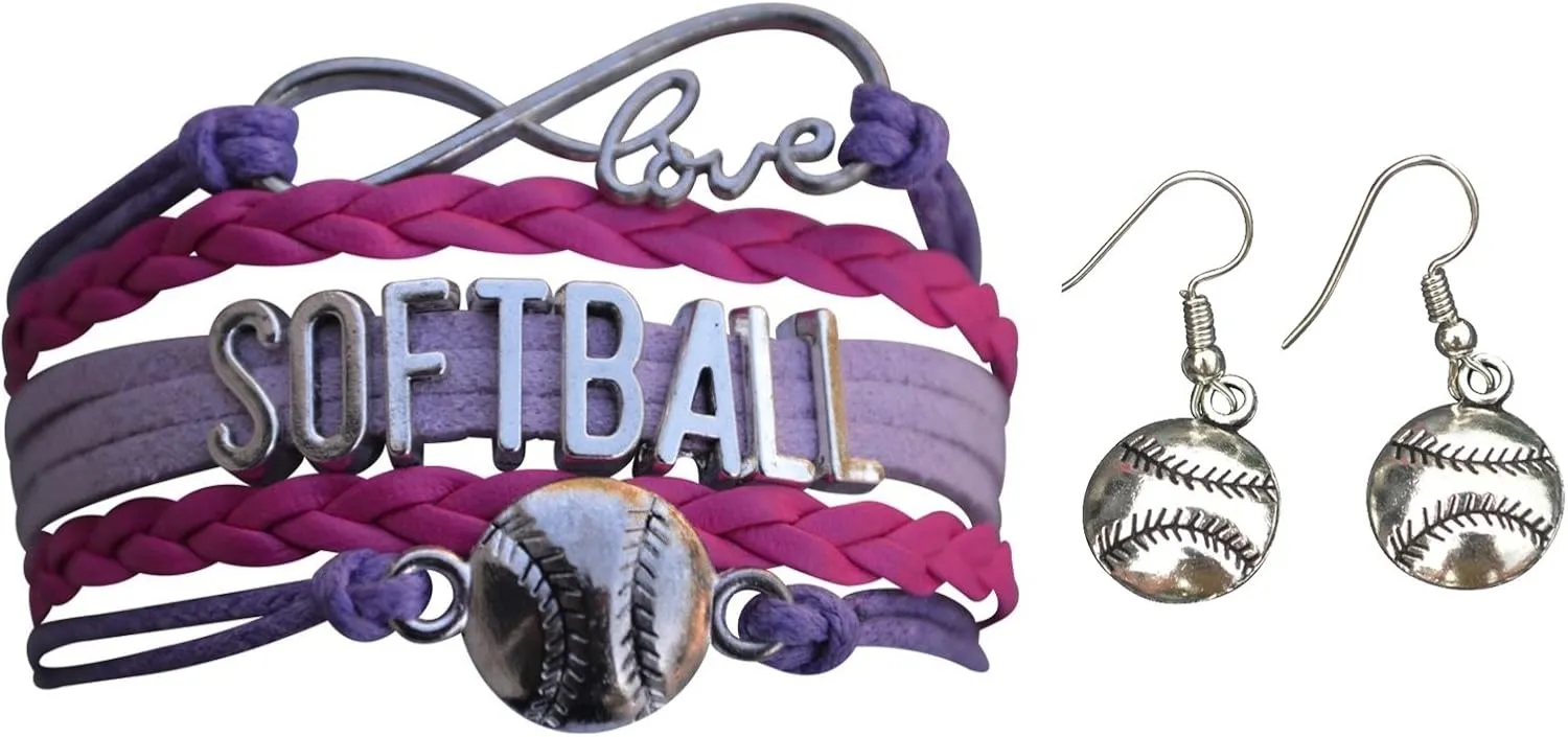 Sportybella Softball Charm Bracelet & Earring Set, Adjustable Pink and Purple Braided Bracelet with Softball Jewelry Gifts for Girls, Players, Teams & Coaches