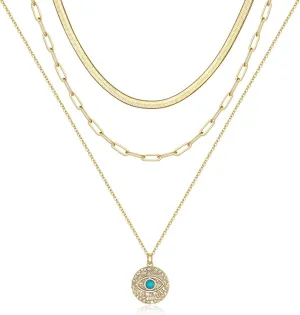 Turandoss Dainty Layered Choker Necklace, Handmade 14K Gold Plated Y Pendant Necklace Multilayer Bar Disc Necklace Adjustable Layering Choker Necklaces for Women