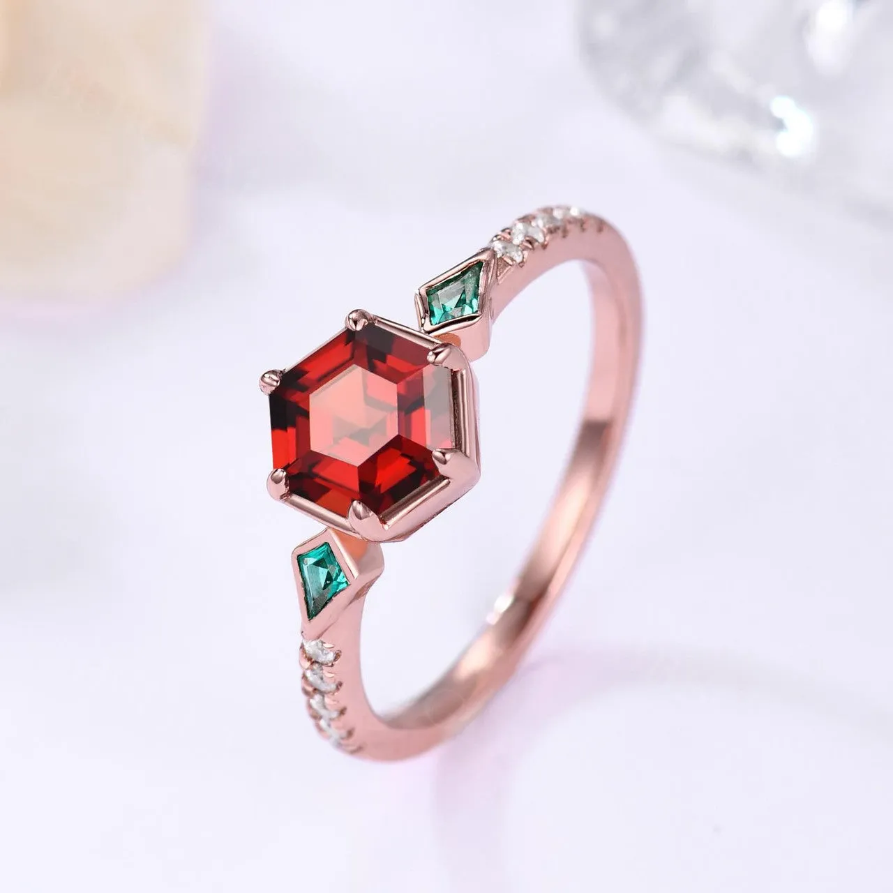 Unique Hexagon Garnet and Emerald Engagement RIng Bezel Set Rose Gold