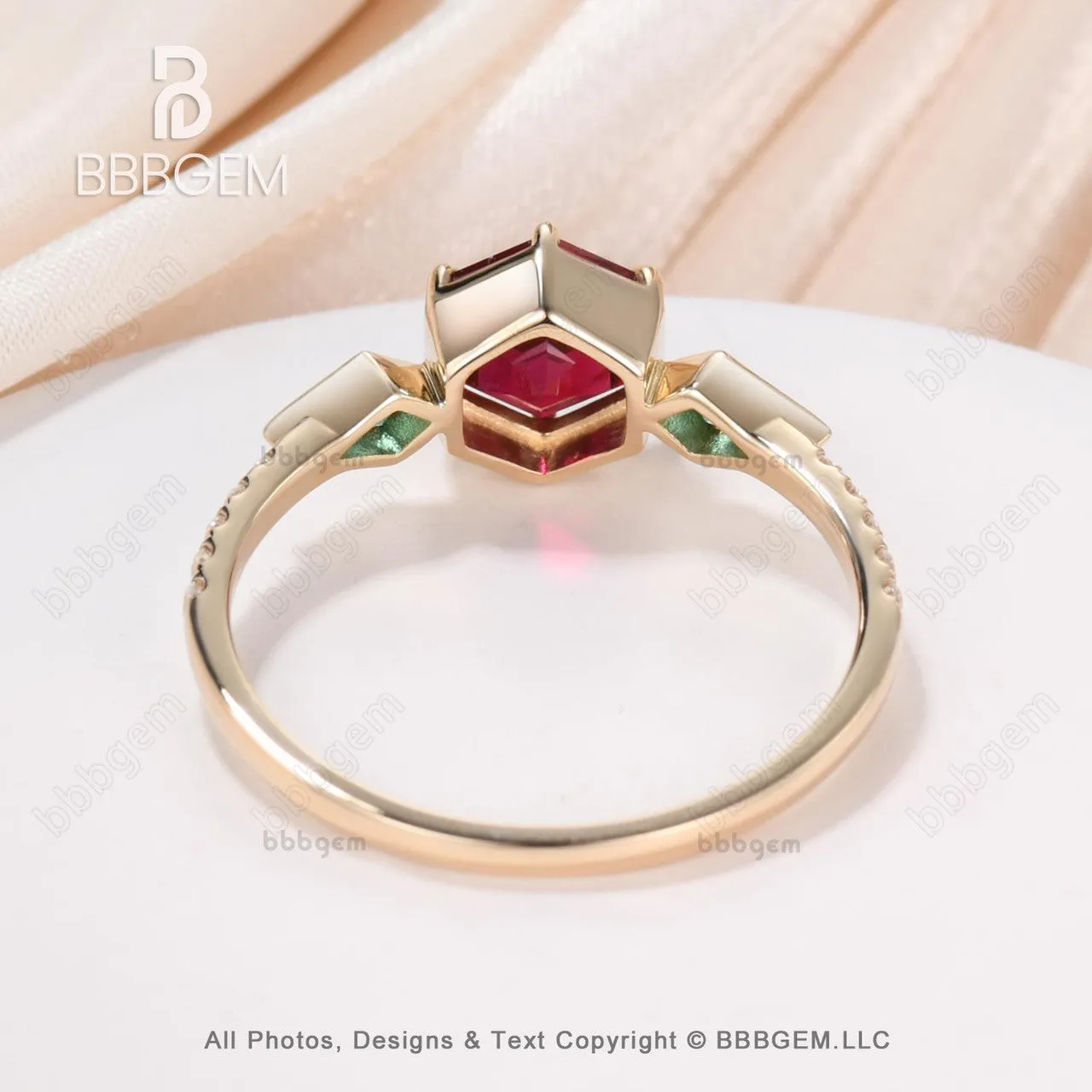 Unique Hexagon Garnet and Emerald Engagement RIng Bezel Set Rose Gold