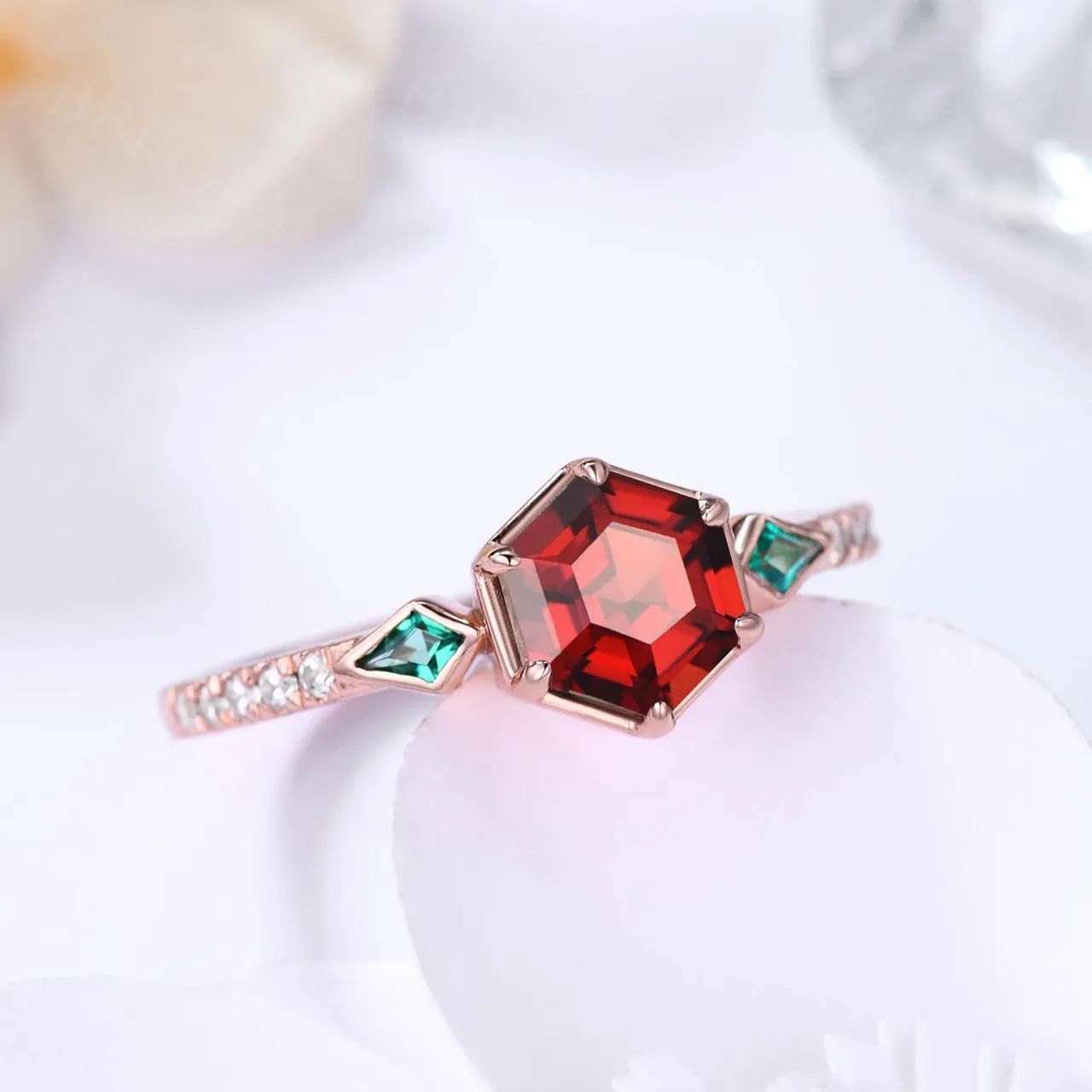 Unique Hexagon Garnet and Emerald Engagement RIng Bezel Set Rose Gold