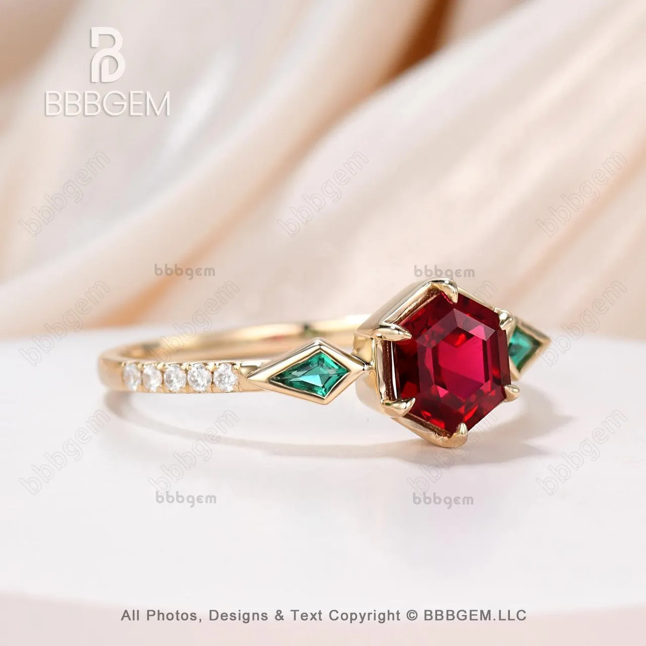 Unique Hexagon Garnet and Emerald Engagement RIng Bezel Set Rose Gold