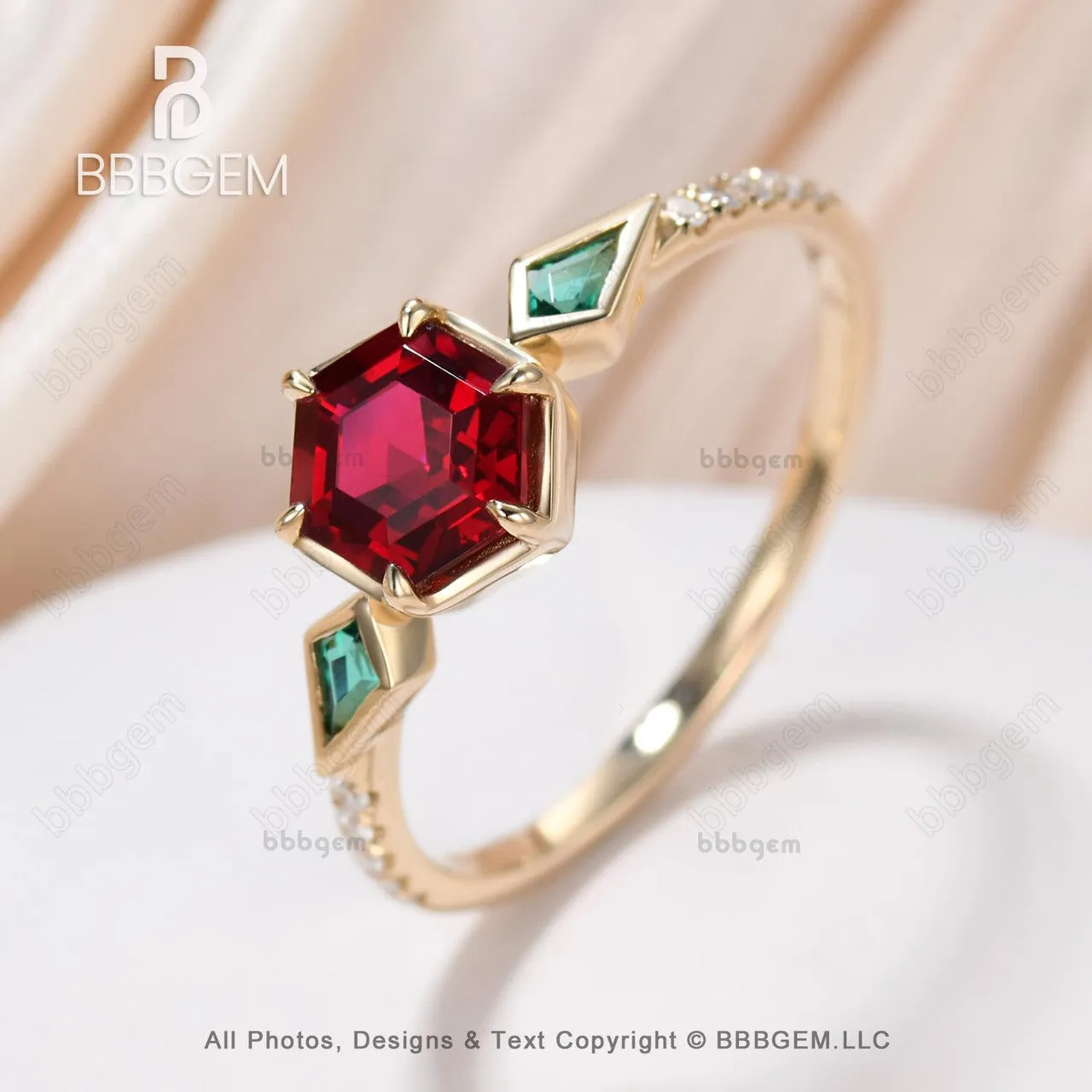 Unique Hexagon Garnet and Emerald Engagement RIng Bezel Set Rose Gold