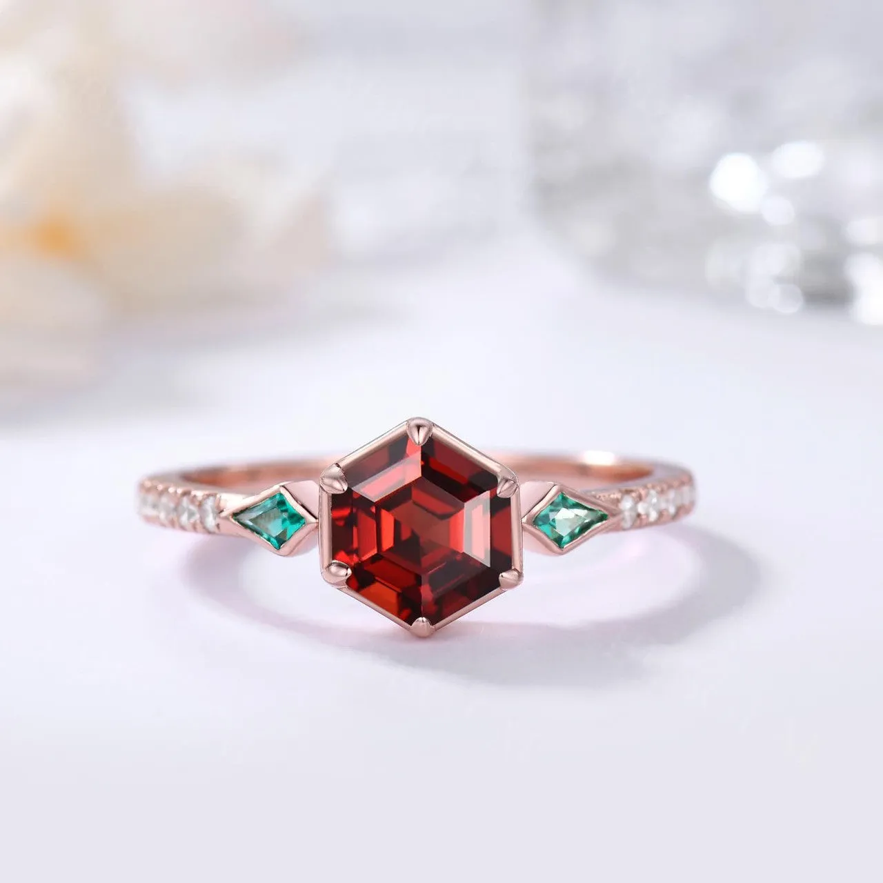 Unique Hexagon Garnet and Emerald Engagement RIng Bezel Set Rose Gold