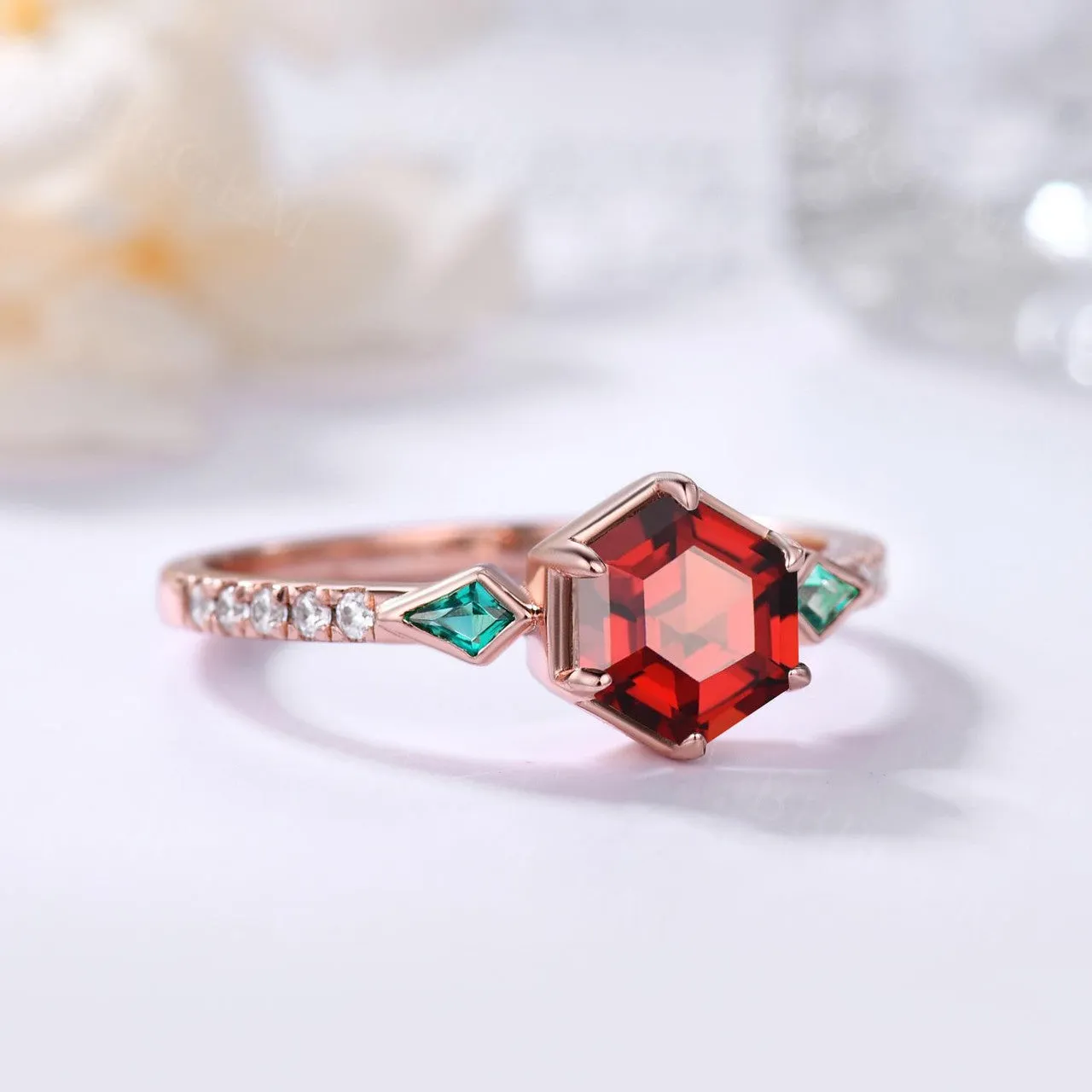 Unique Hexagon Garnet and Emerald Engagement RIng Bezel Set Rose Gold