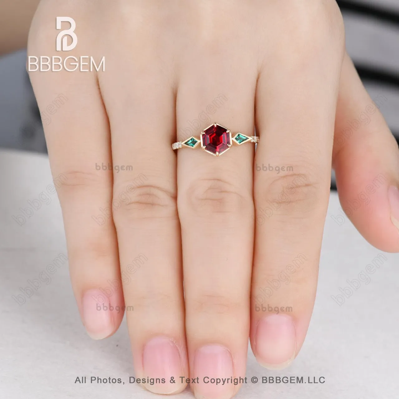 Unique Hexagon Garnet and Emerald Engagement RIng Bezel Set Rose Gold