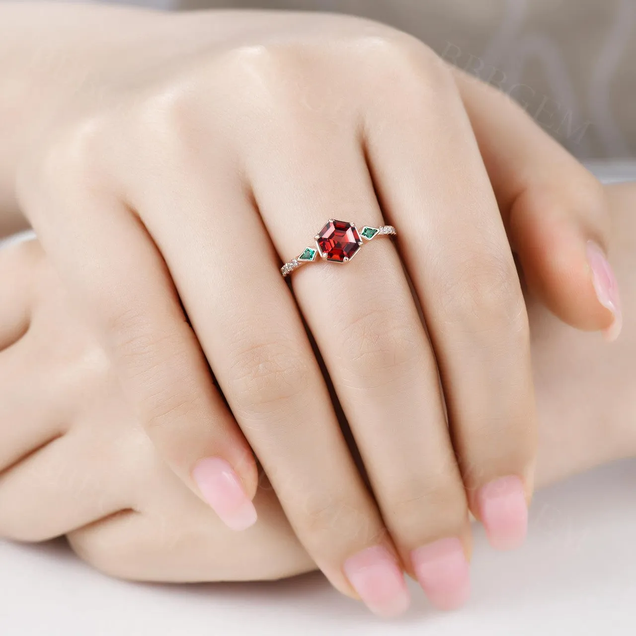Unique Hexagon Garnet and Emerald Engagement RIng Bezel Set Rose Gold