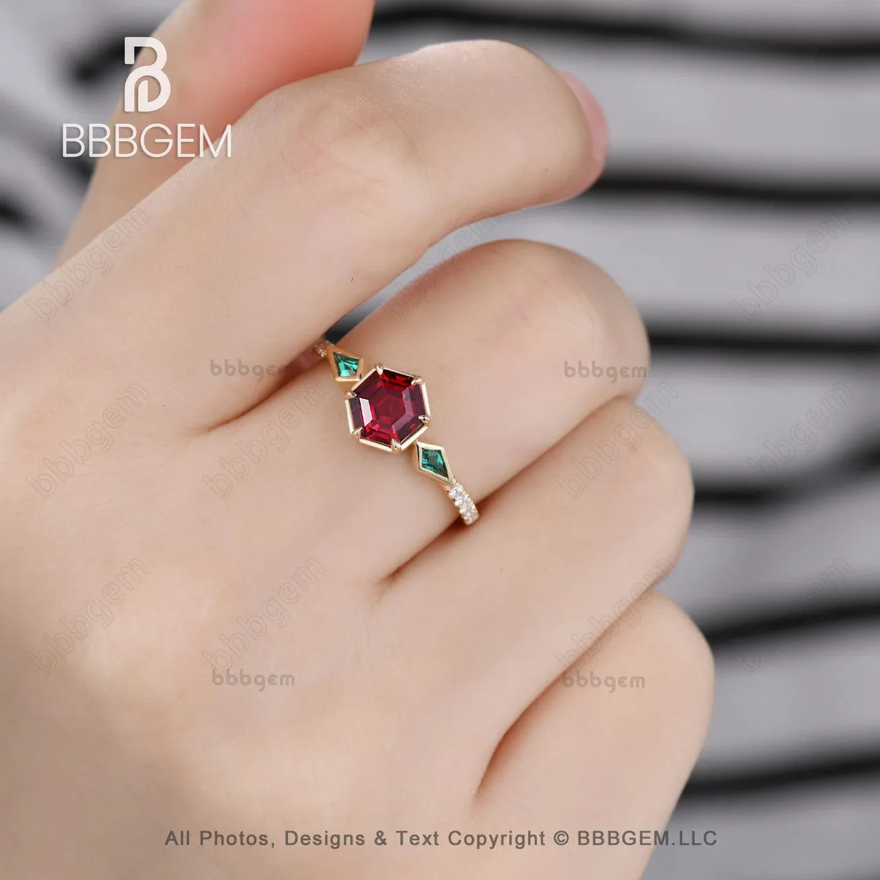 Unique Hexagon Garnet and Emerald Engagement RIng Bezel Set Rose Gold